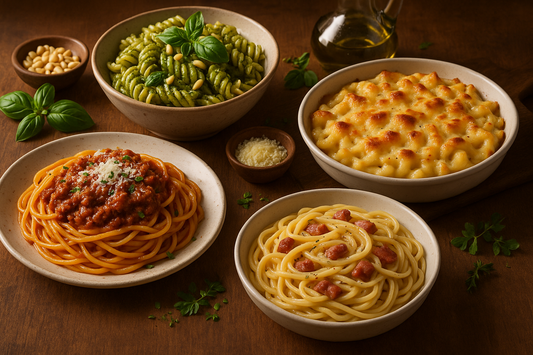 4 Recettes de Pâtes Italiennes Incontournables à Faire Maison avec spaghetti bolognaise pesto gratin et carbonara en bols