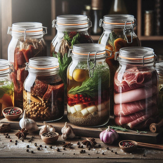 Jars en verre contenant de la viande et des épices pour la fermentation de la viande maison