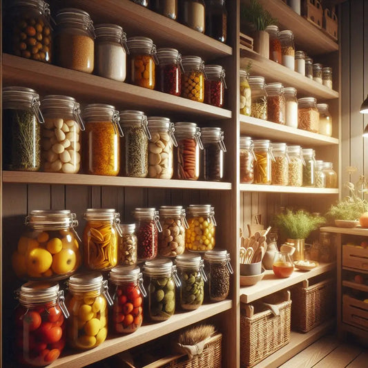 Étagères avec bocaux en verre remplis d'aliments variés pour conserver ses aliments sans frigo astuces et méthodes durables