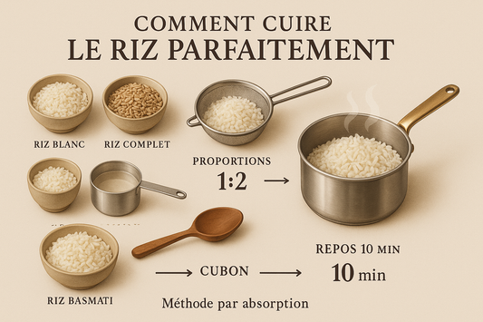 Illustration montrant la méthode de cuisson du riz avec des proportions et types de riz pour comment cuire le riz parfaitement