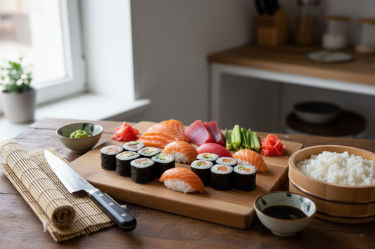 Plateau de sushis maison avec ingrédients frais et outils pour faire des sushis maison : guide complet et astuces de chef