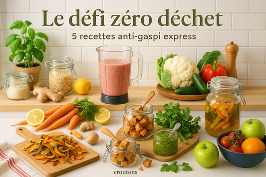 5 Recettes Zéro Déchet Faciles pour Cuisiner Sans Gaspiller avec légumes frais, smoothie et croutons maison