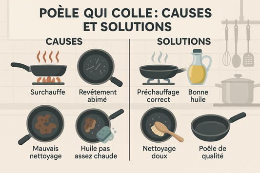 Infographie sur la poêle qui colle : causes et solutions, incluant surchauffe, nettoyage et préchauffage correct