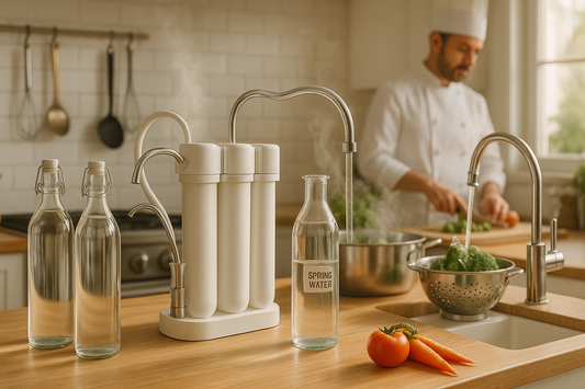 Système de filtration d'eau pour choisir quelle eau choisir ? Boire, cuisiner et vivre en autonomie dans une cuisine moderne