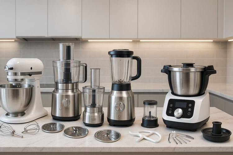 Robots de cuisine multifonctions avec accessoires et ingrédients frais pour préparations variées