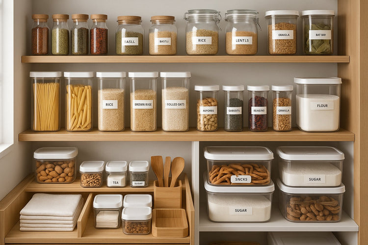 Solutions de Rangement & Organisation pour cuisine avec boîtes hermétiques et bocaux bien organisés