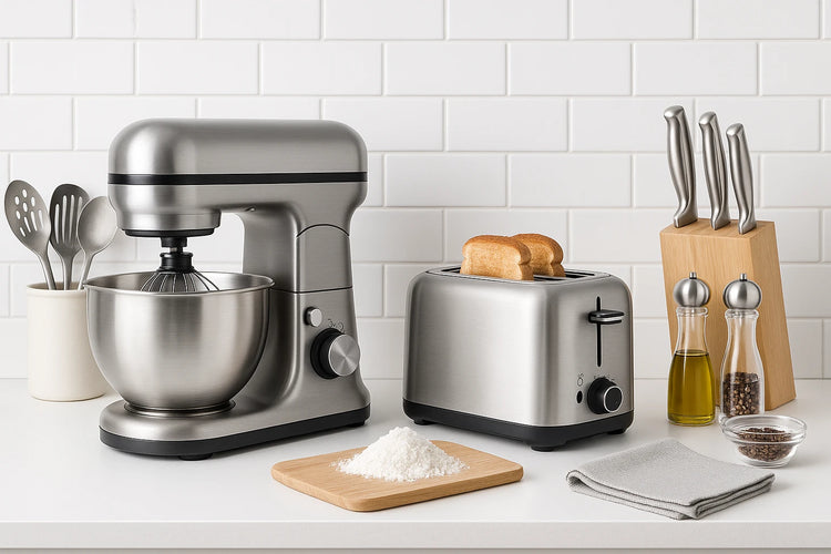 Cuisine moderne équipée de Gadgets Cuisine – Accessoires Pratiques pour Cuisiner Facile avec mixeur et grille-pain inox