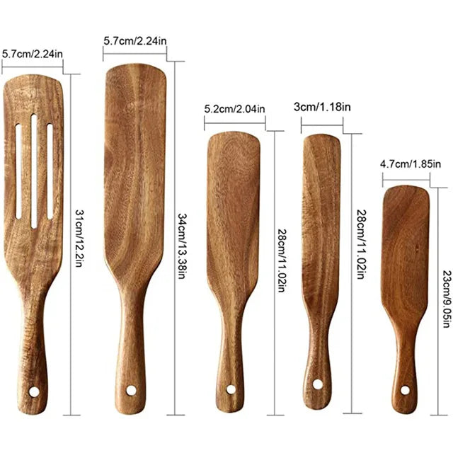 Set d'Ustensiles Cuisine Bois Teck – Durable & Écologique
