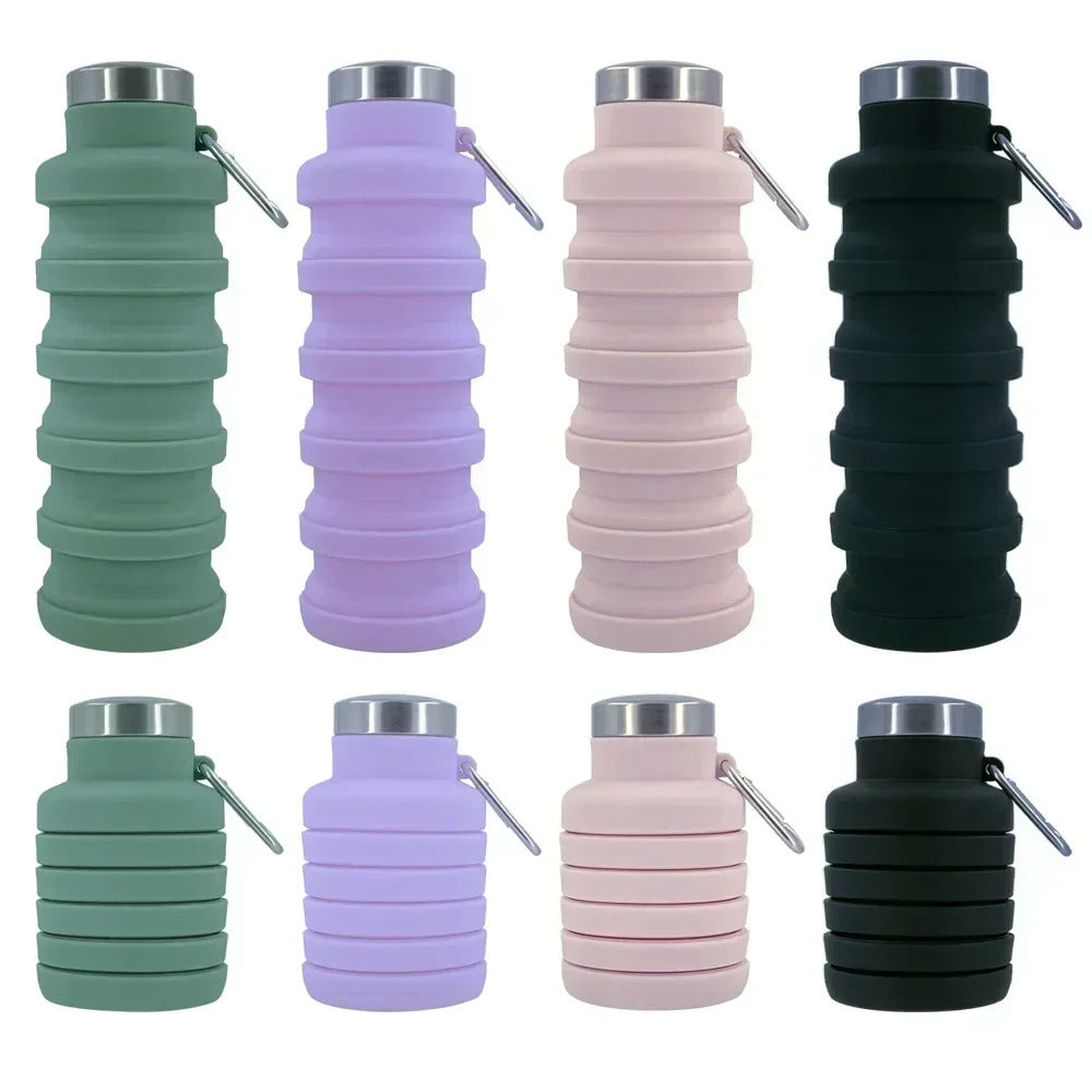 Kit Accessoires Chien – Camping et Sorties Extérieures - gourdes pliables de différentes couleurs pliées et dépliées