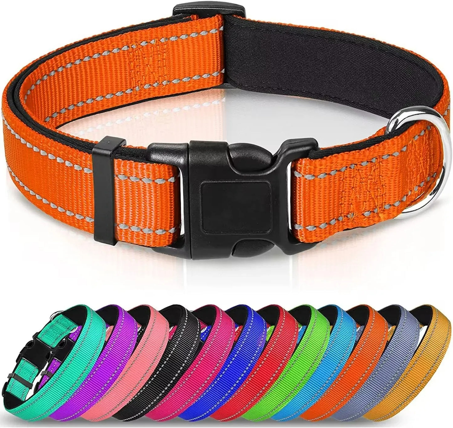 Pack Chien Complet – Voyage, Balade & Urgences Canines - collier orange réfléchissant en gros plan et ses variantes en plus petit