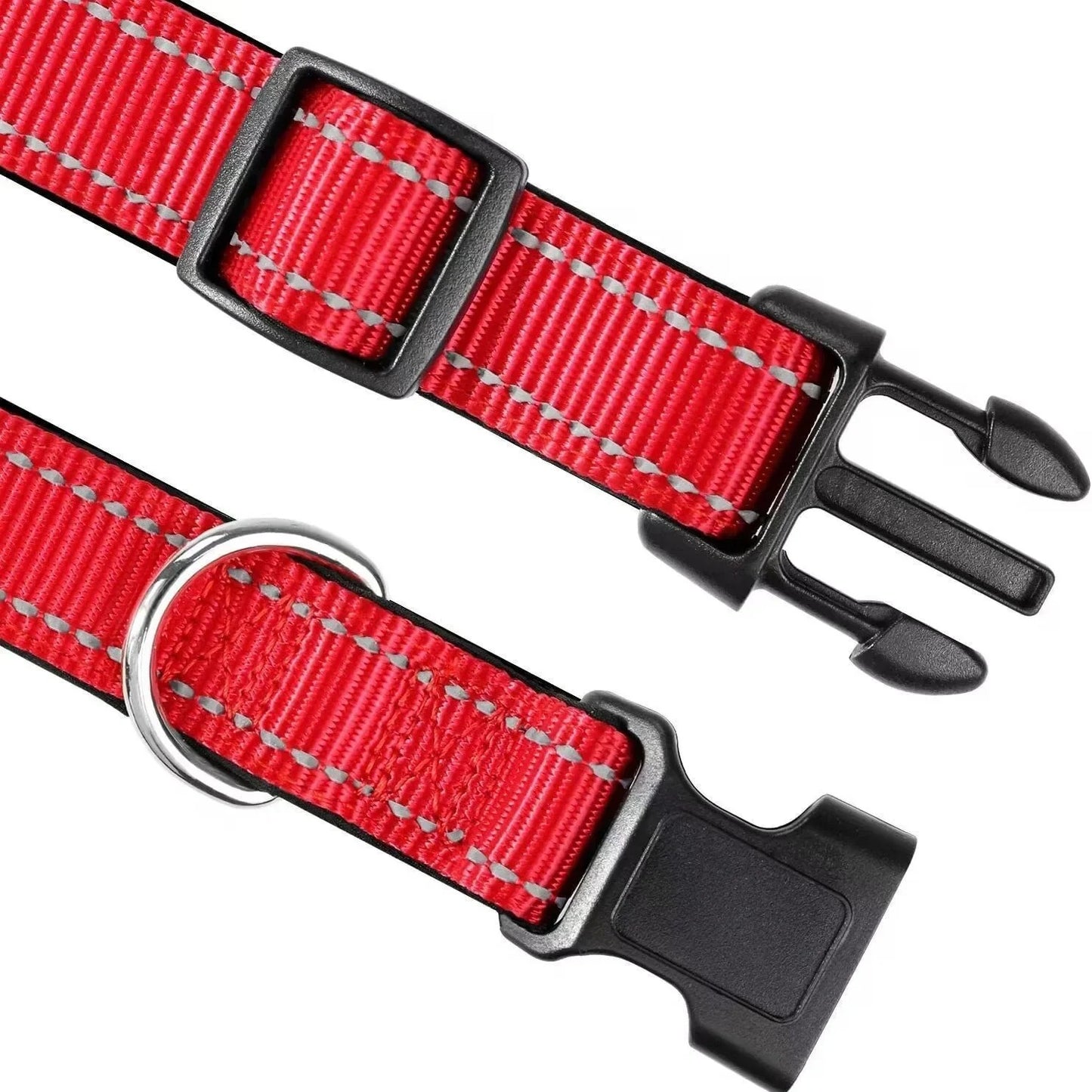 Pack Chien Complet – Voyage, Balade & Urgences Canines - collier rouge réfléchissant gros plan sur les attaches