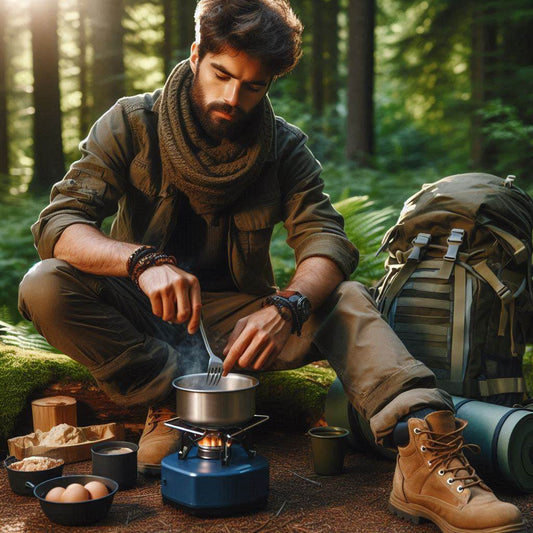 Pack Solo 72h : kit survie compact - homme dans la nature qui cuisine avec un réchaud à gaz