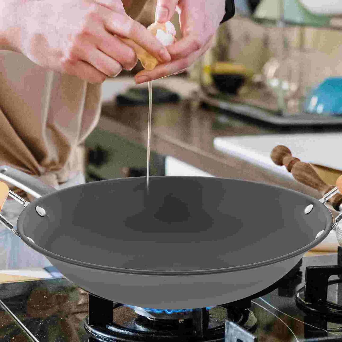 Wok en Métal avec Poignées en Bois – Idéal pour Soupe, Hot Pot et Cuisine à Gaz ou Électrique - Ustensile de chef