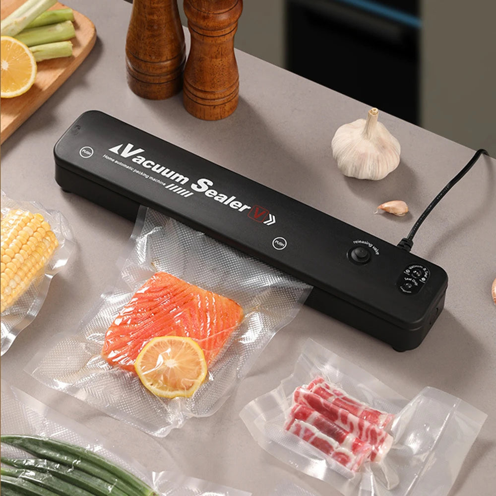 Machine sous vide alimentaire – Compacte et puissante. Appareil noir scellant saumon citron et viandes pour conservation