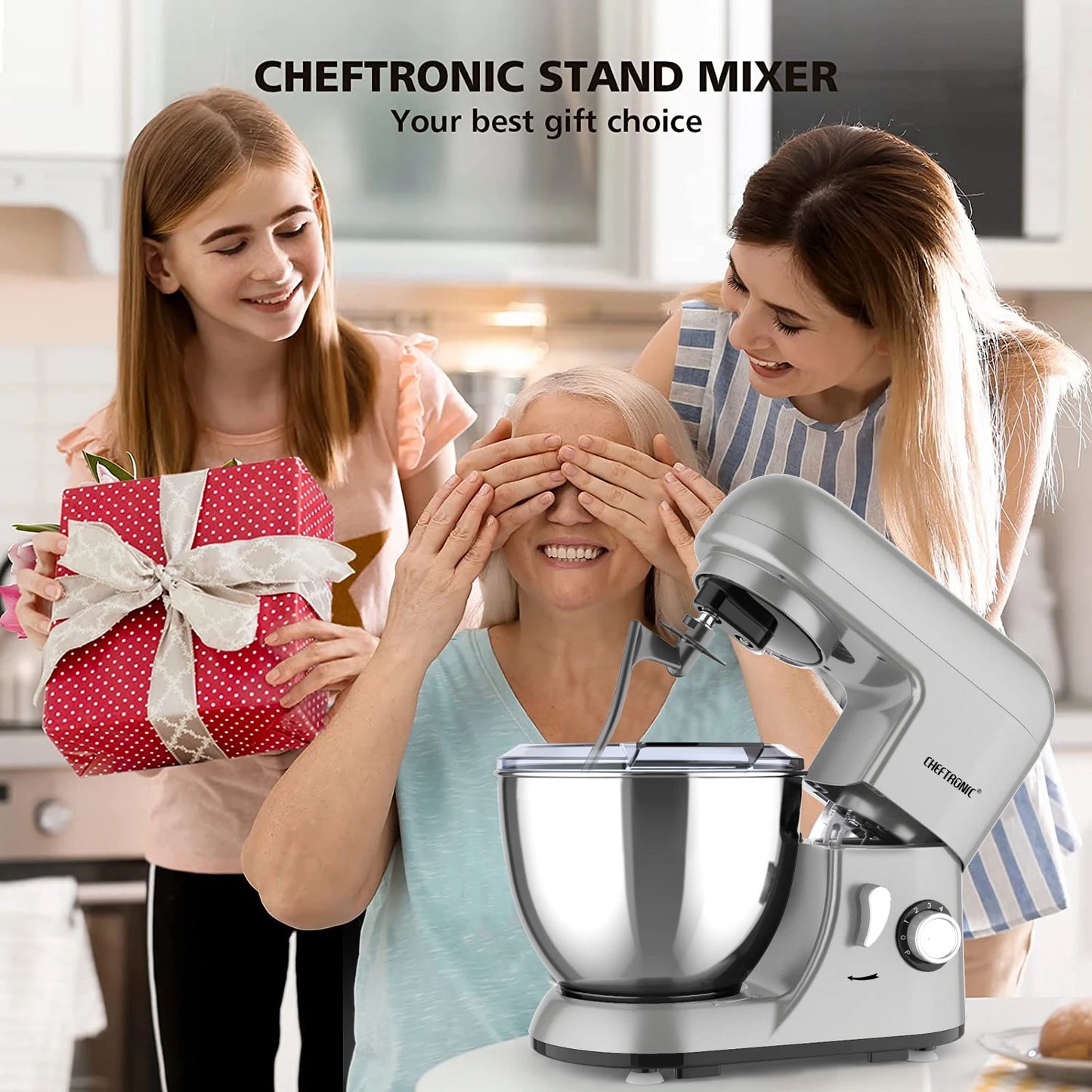 Robot Pâtissier Cheftronic 1300W – 6 Vitesses, 4LBol Inox et Accessoires Inclus (Fouet, Crochet, Batteur) - Ustensile de chef