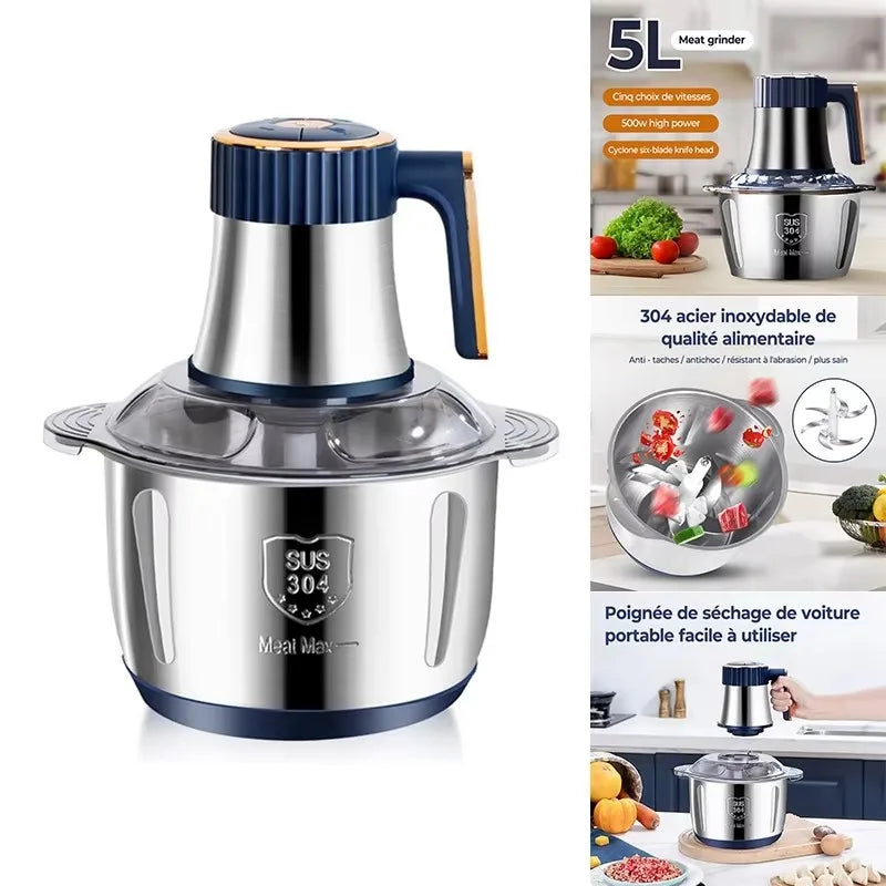 Hachoir Électrique 500W Acier Inoxydable – 5L, 6 Lames, Silencieux & Multifonction Cuisine - Ustensile de chef