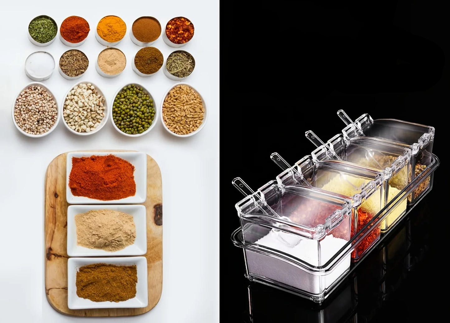 Boîte à Épices 4 Compartiments avec Cuillères – Rangement Hermétique Compact pour Sel, Poivre et Assaisonnements - Ustensile de chef