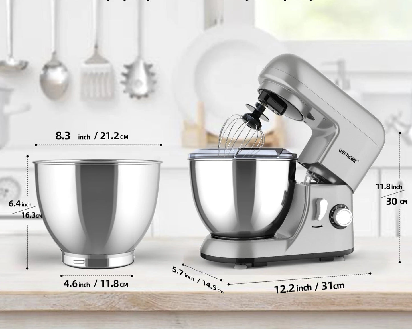 Robot Pâtissier Cheftronic 1300W – 6 Vitesses, 4LBol Inox et Accessoires Inclus (Fouet, Crochet, Batteur) - Ustensile de chef