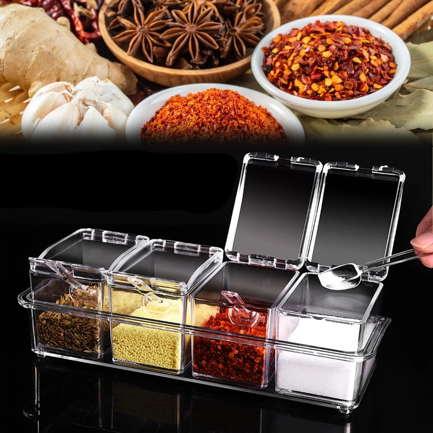 Boîte à Épices 4 Compartiments avec Cuillères – Rangement Hermétique Compact pour Sel, Poivre et Assaisonnements - Ustensile de chef