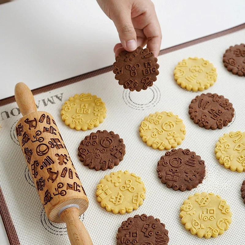 Rouleau à pâtisserie gravé en bois motifs Noël – Rouleau à biscuits en relief - Ustensile de chef