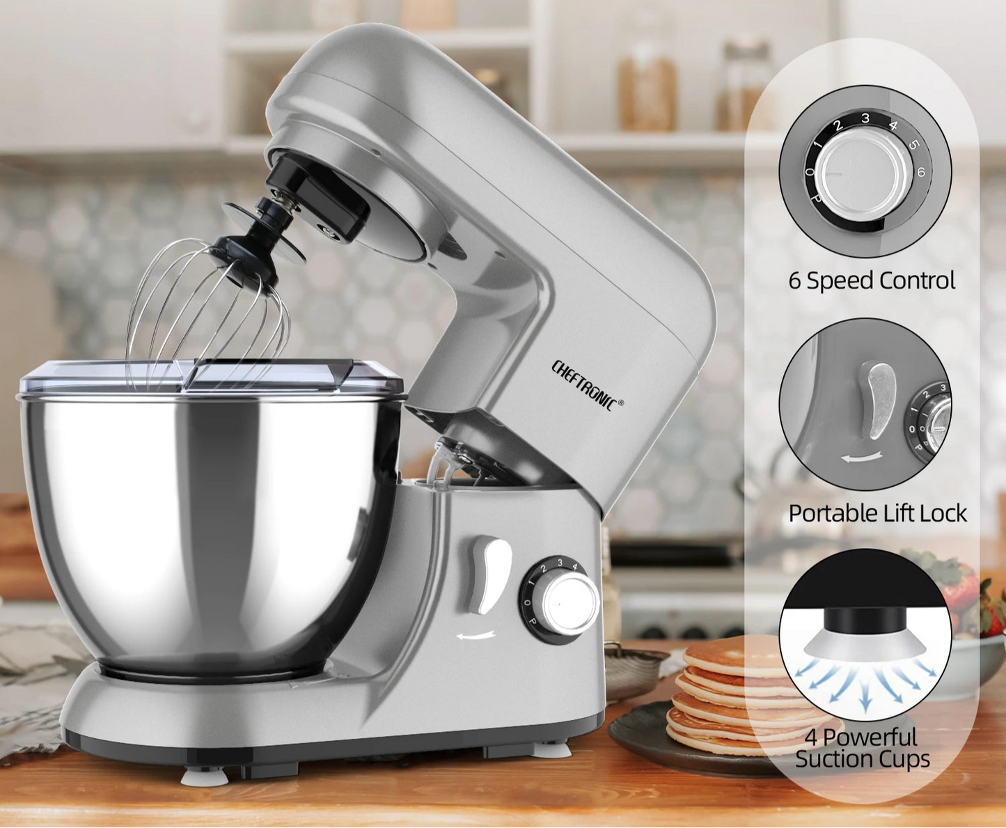 Robot Pâtissier Cheftronic 1300W – 6 Vitesses, 4LBol Inox et Accessoires Inclus (Fouet, Crochet, Batteur) - Ustensile de chef