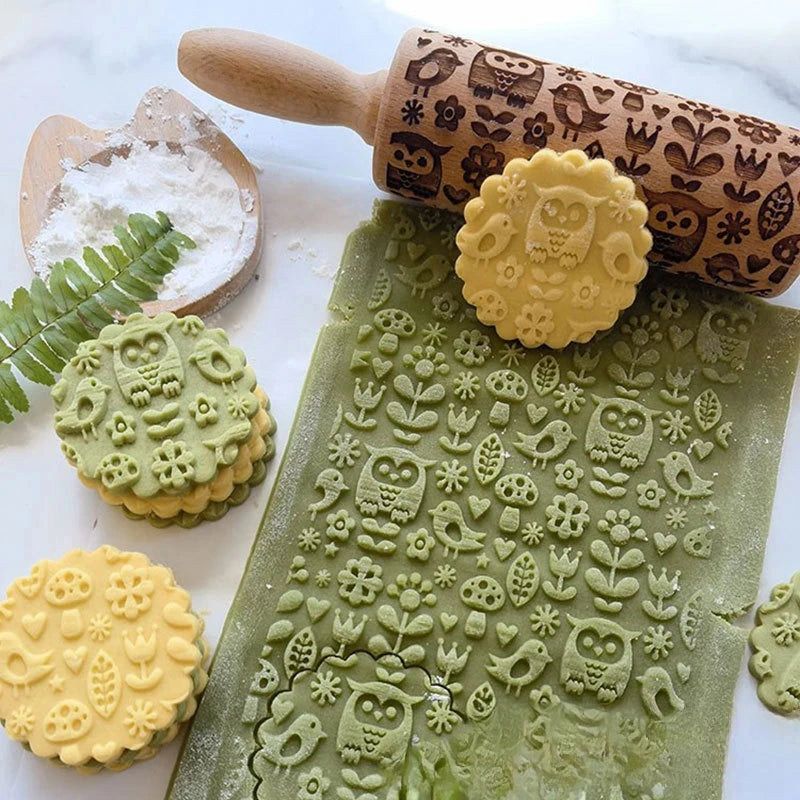 Rouleau à pâtisserie gravé en bois motifs Noël – Rouleau à biscuits en relief - Ustensile de chef