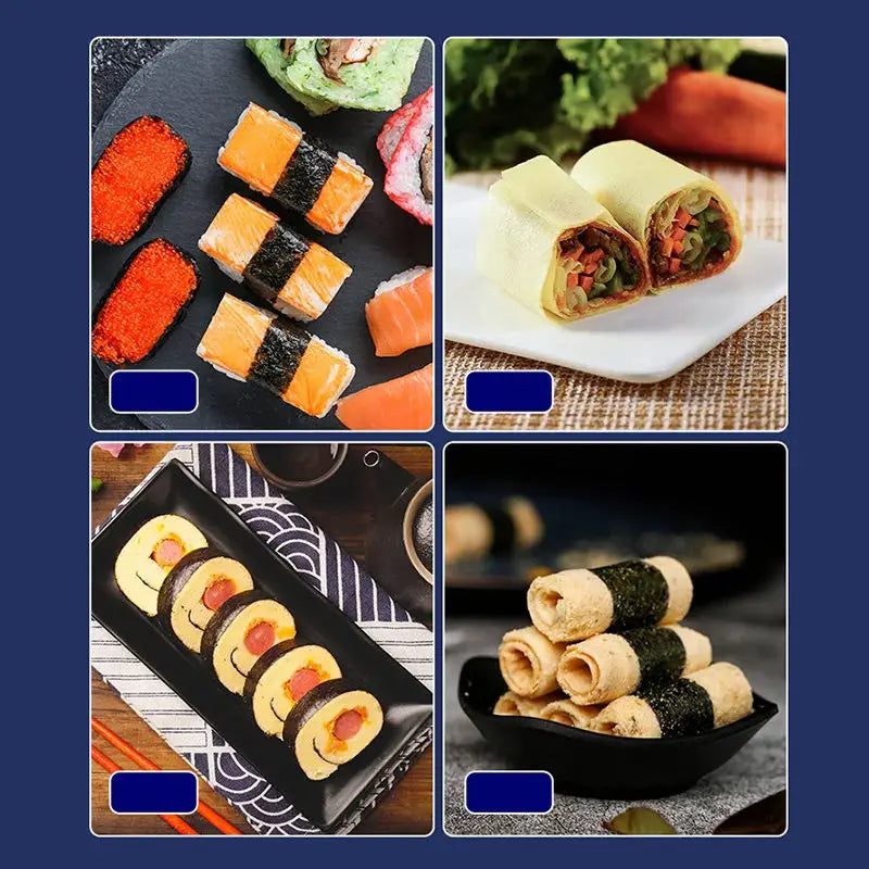 Quatre variétés de sushis présentées avec un tapis à sushi en bambou – rouleau maki maison facile