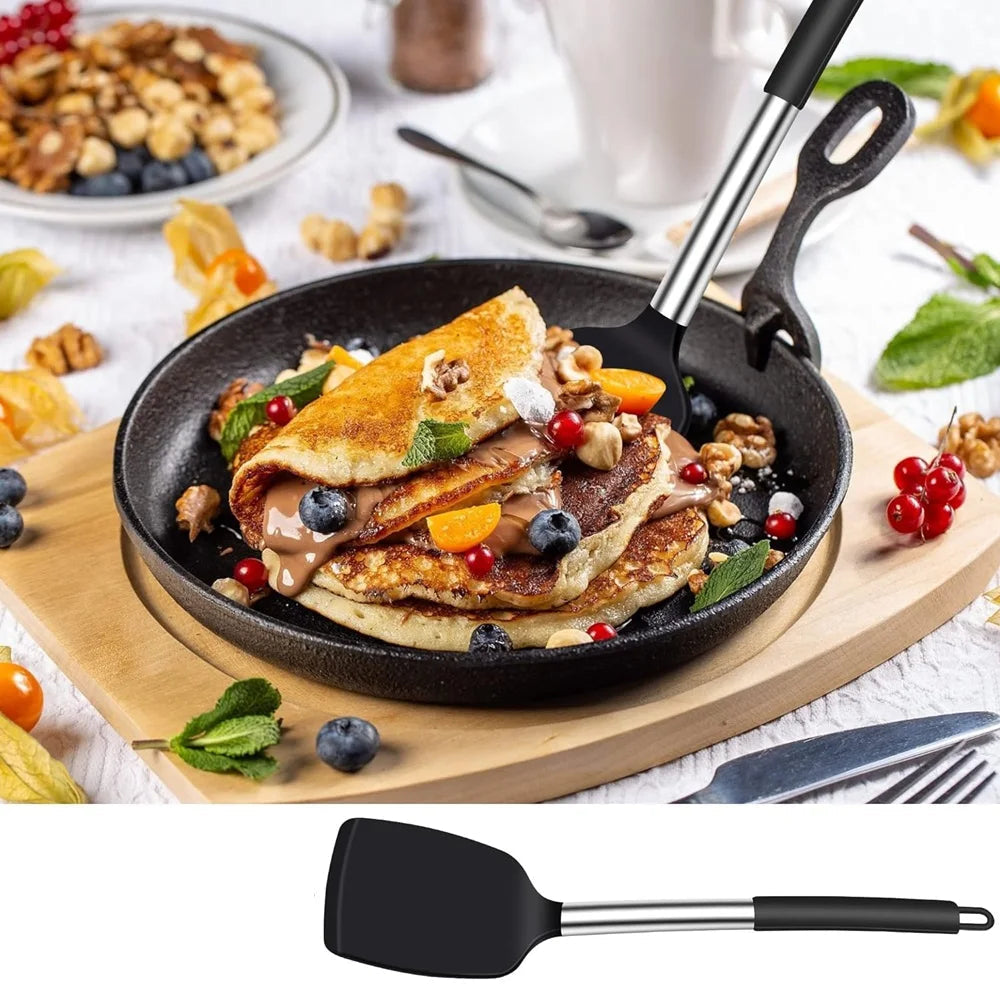 Spatules silicone inox haute résistance – Set 2 spatules ,Spatule dans une poêle remplie de pancakes