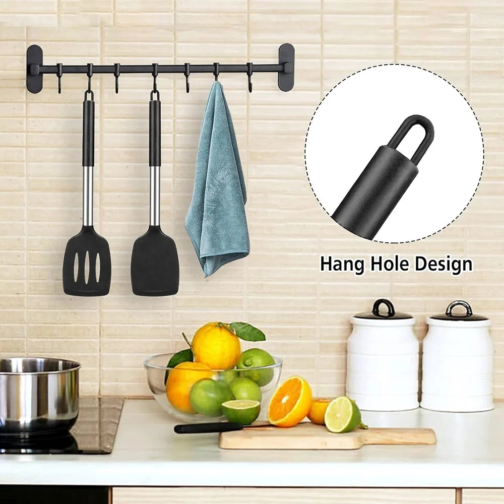 Spatules silicone inox haute résistance – Set 2 spatules munies d'une hanse au bout du manche pour facilité le rangement