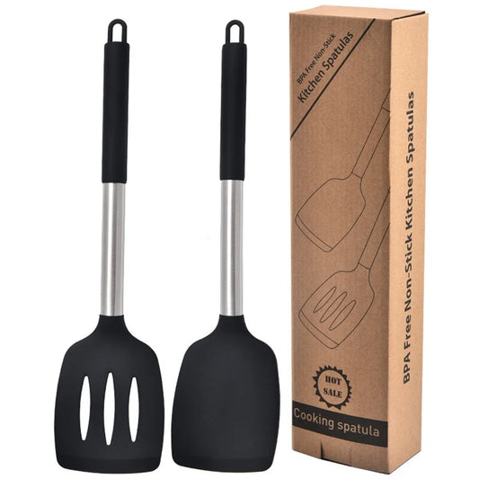 Spatules silicone inox haute résistance , Set 2 spatules avec sa boîte d'emballage en carton