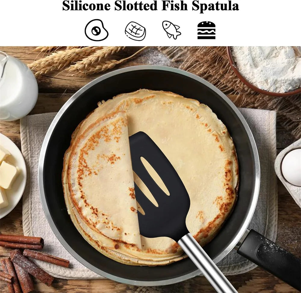 Spatules silicone inox haute résistance – Set 2 spatules , spatules dans une pôle remplie de crêpes