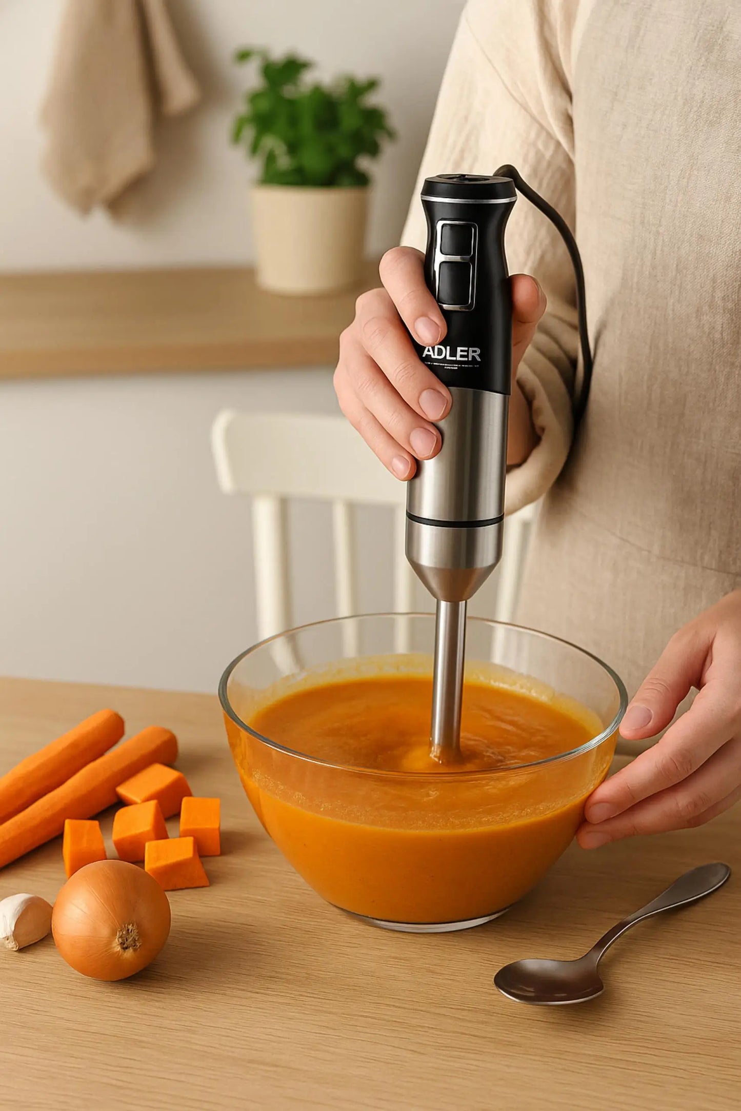 Mixeur plongeant Turbo 1900W dans un bol de soupe, parfait pour mixer et émulsionner rapidement.