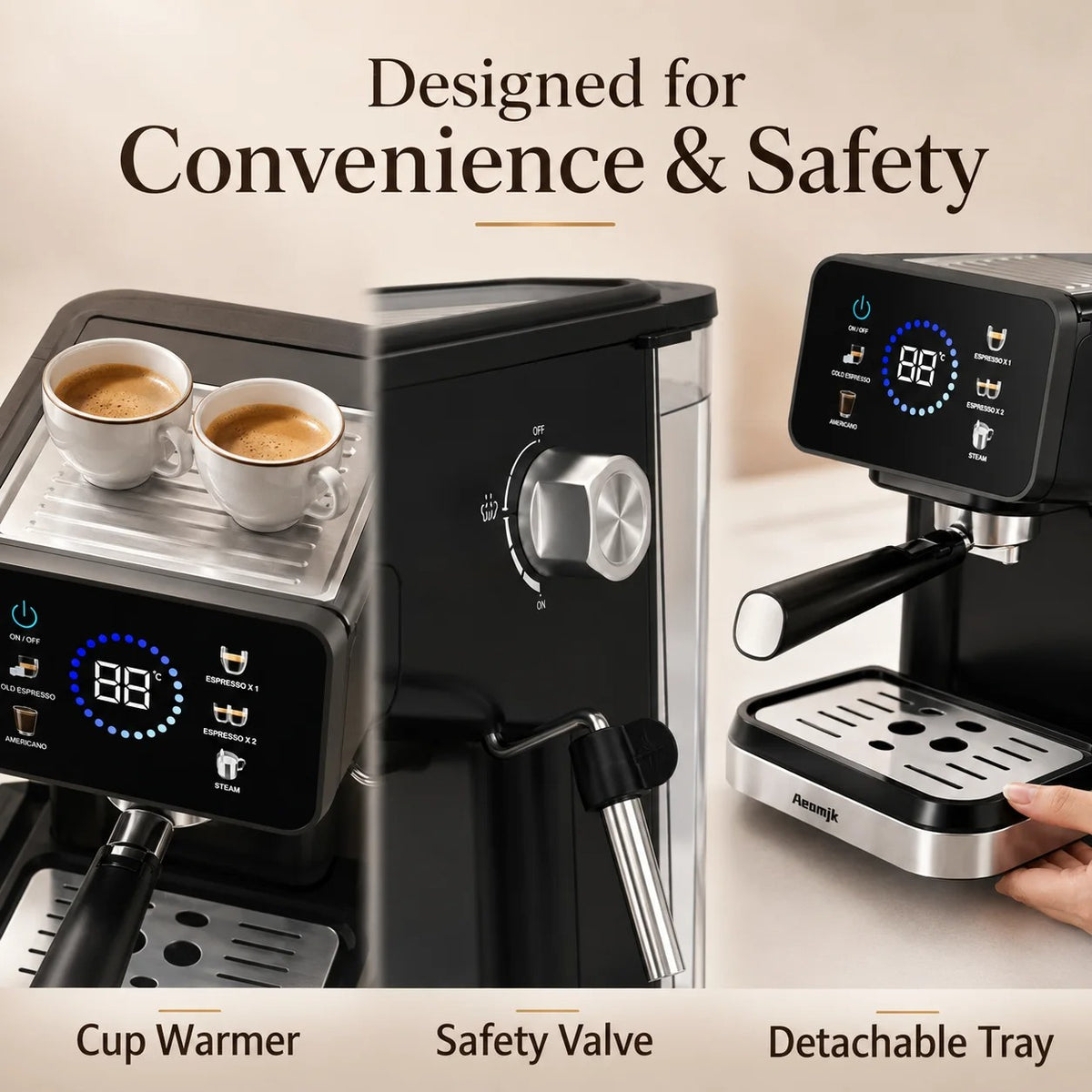 Machine à expresso semi-automatique avec mousseur à lait, chauffe-tasses et valve de sécurité intégrée