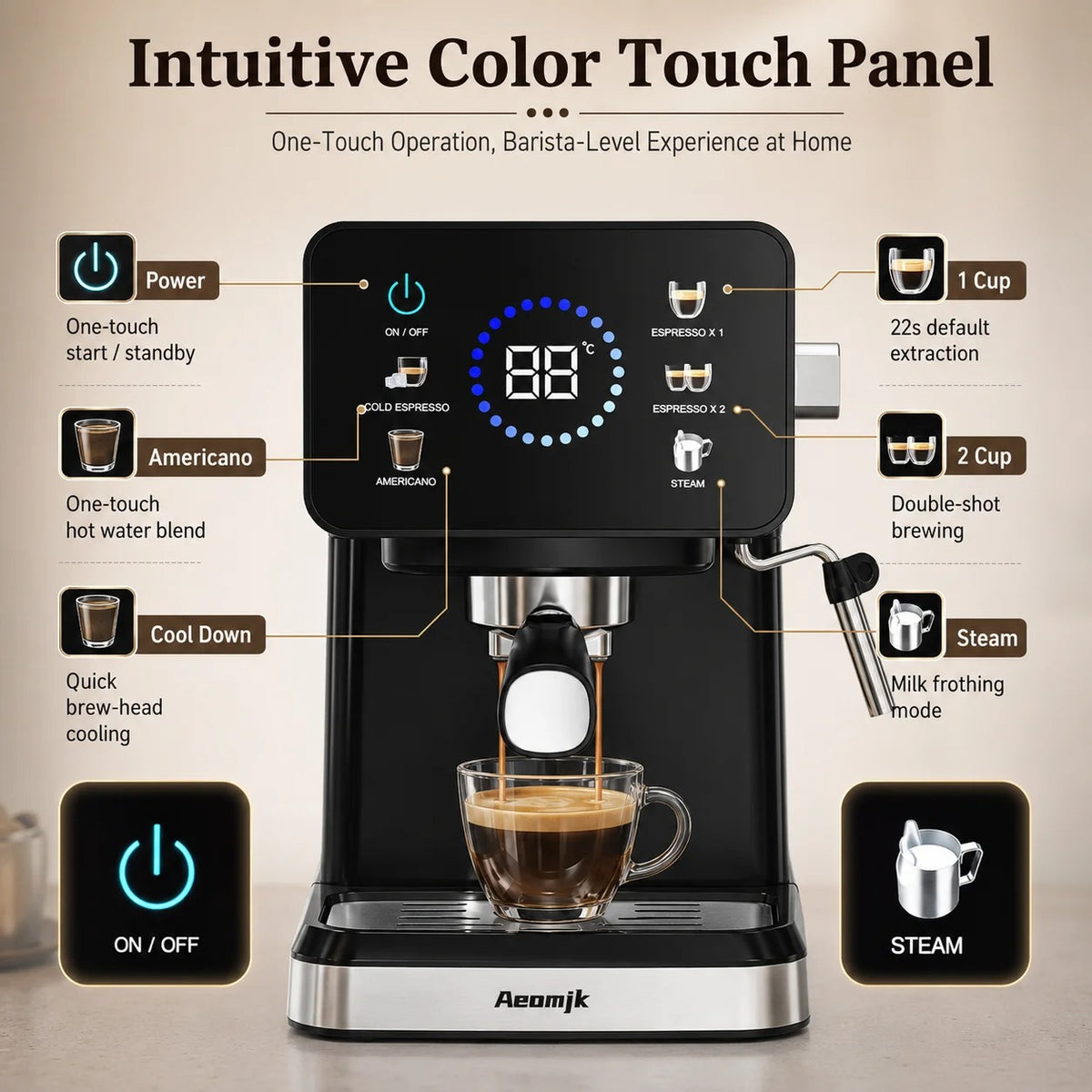 Machine à expresso semi-automatique avec mousseur à lait et panneau de contrôle tactile intuitif