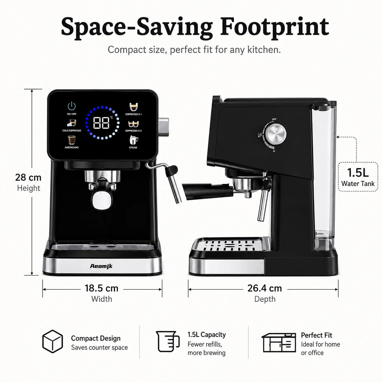 Machine à expresso semi-automatique avec mousseur à lait, design compact et réservoir d'eau de 1,5 L