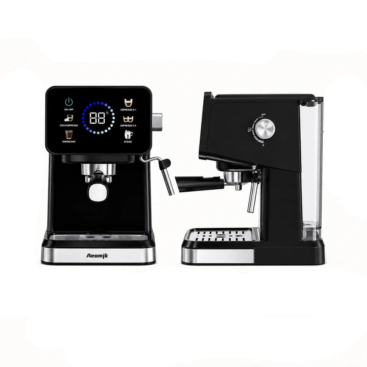 Machine à expresso semi-automatique avec mousseur à lait en noir pour préparer des cafés de qualité.