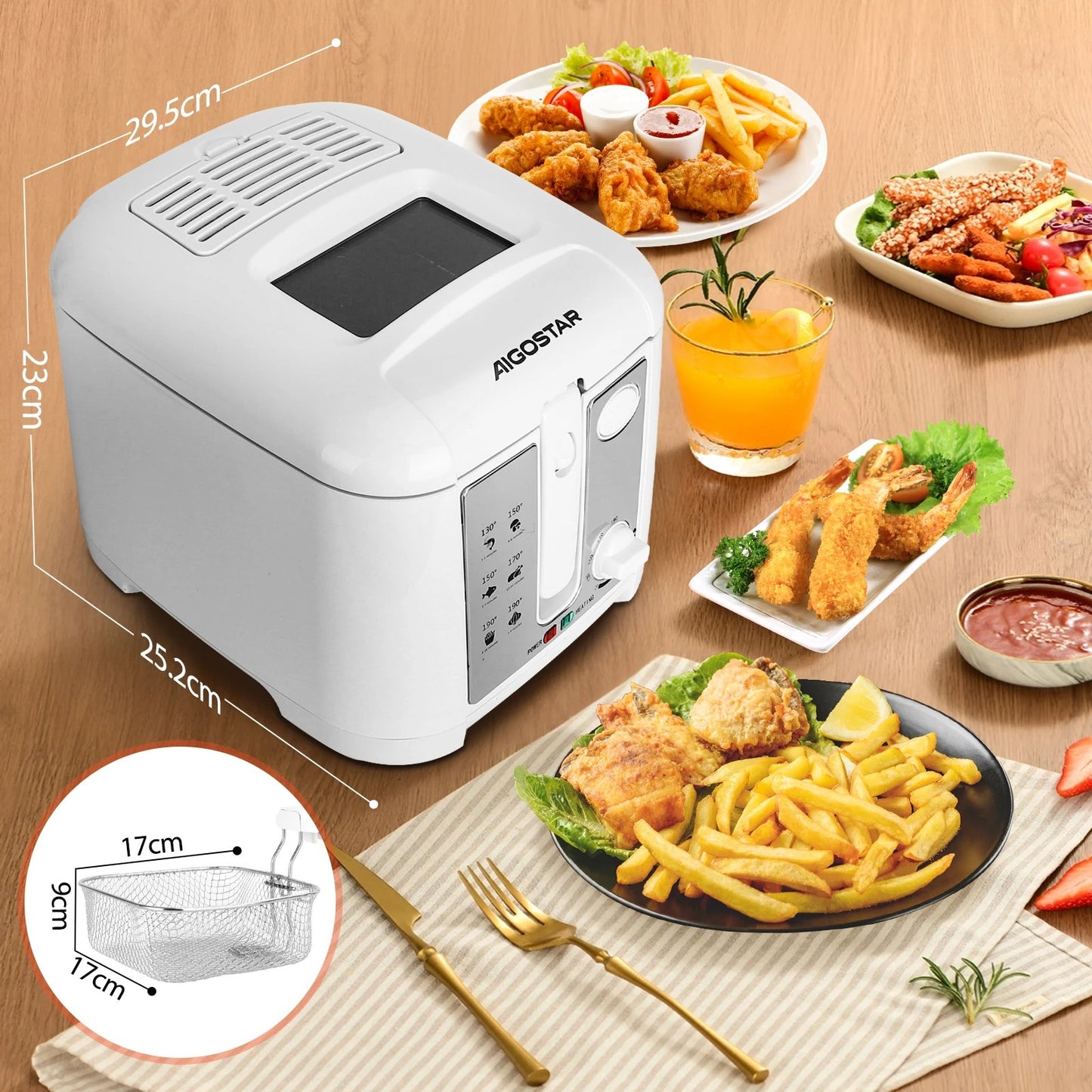 Friteuse électrique 2,5 L Puissante et facile avec un plat de frites et de poulet frit en arrière-plan