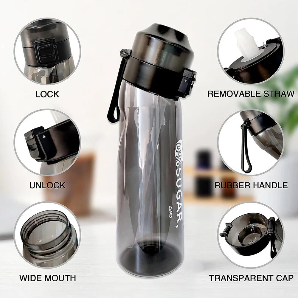 Bouteille Air-gourde 650 ml avec 7 capsules pour eau aromatisée sans sucre, conçue pour une utilisation pratique en cuisine.