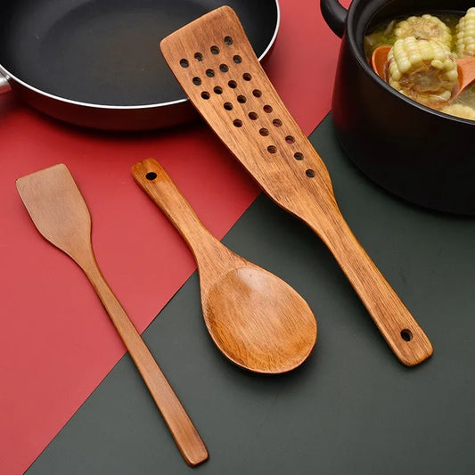 Ustensile de Cuisine en Bois – Cuillère ou Spatule Écologique set 3 pièces en bois pour cuisiner, mélanger et servir