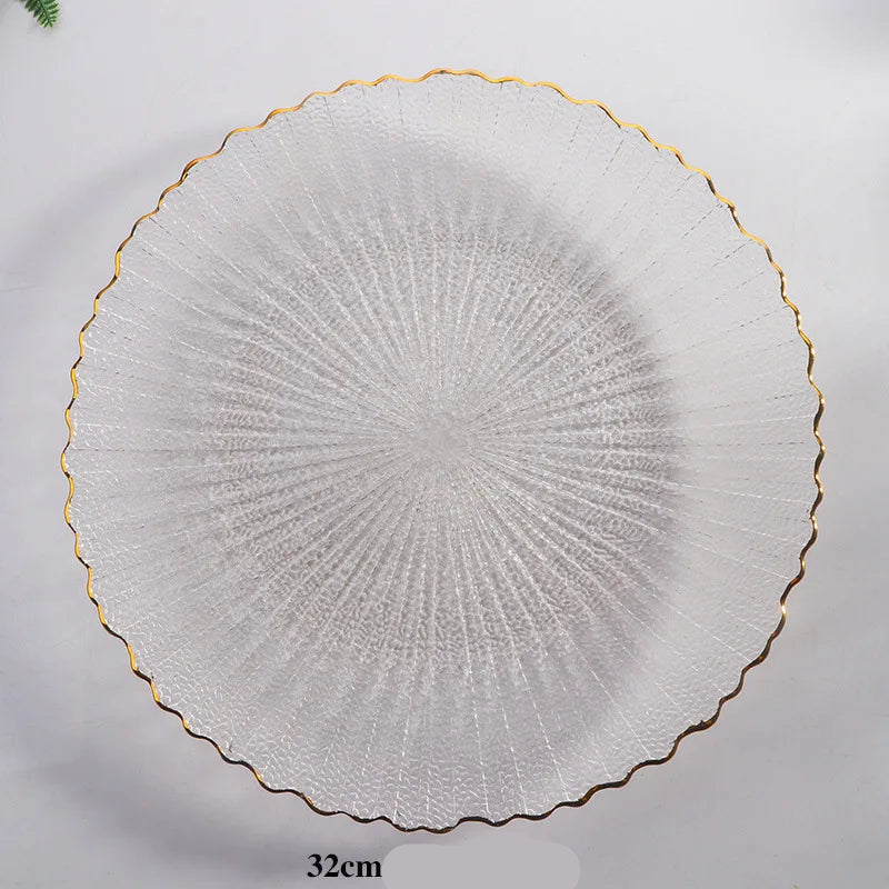 Assiette en verre transparente avec bordure dorée élégante de 32 cm pour occasions spéciales
