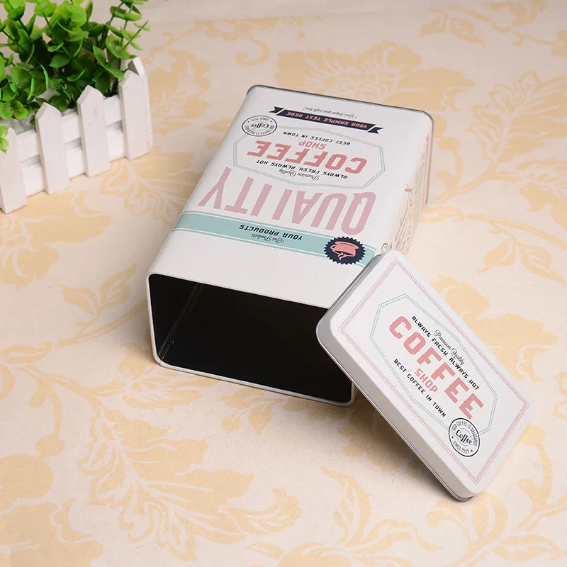 Boîte métal hermétique vintage – Café, bonbons et snacks. Boîte rectangulaire blanche à couvercle amovible style rétro