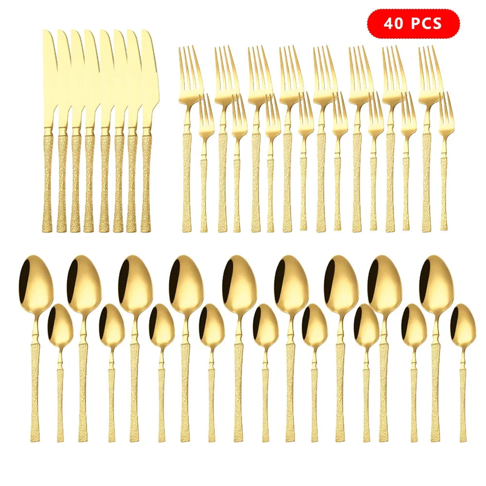 Service de Couverts Acier Inox – Élégance pour 7-9 Pers. Ensemble doré 40 pièces couteaux fourchettes cuillères