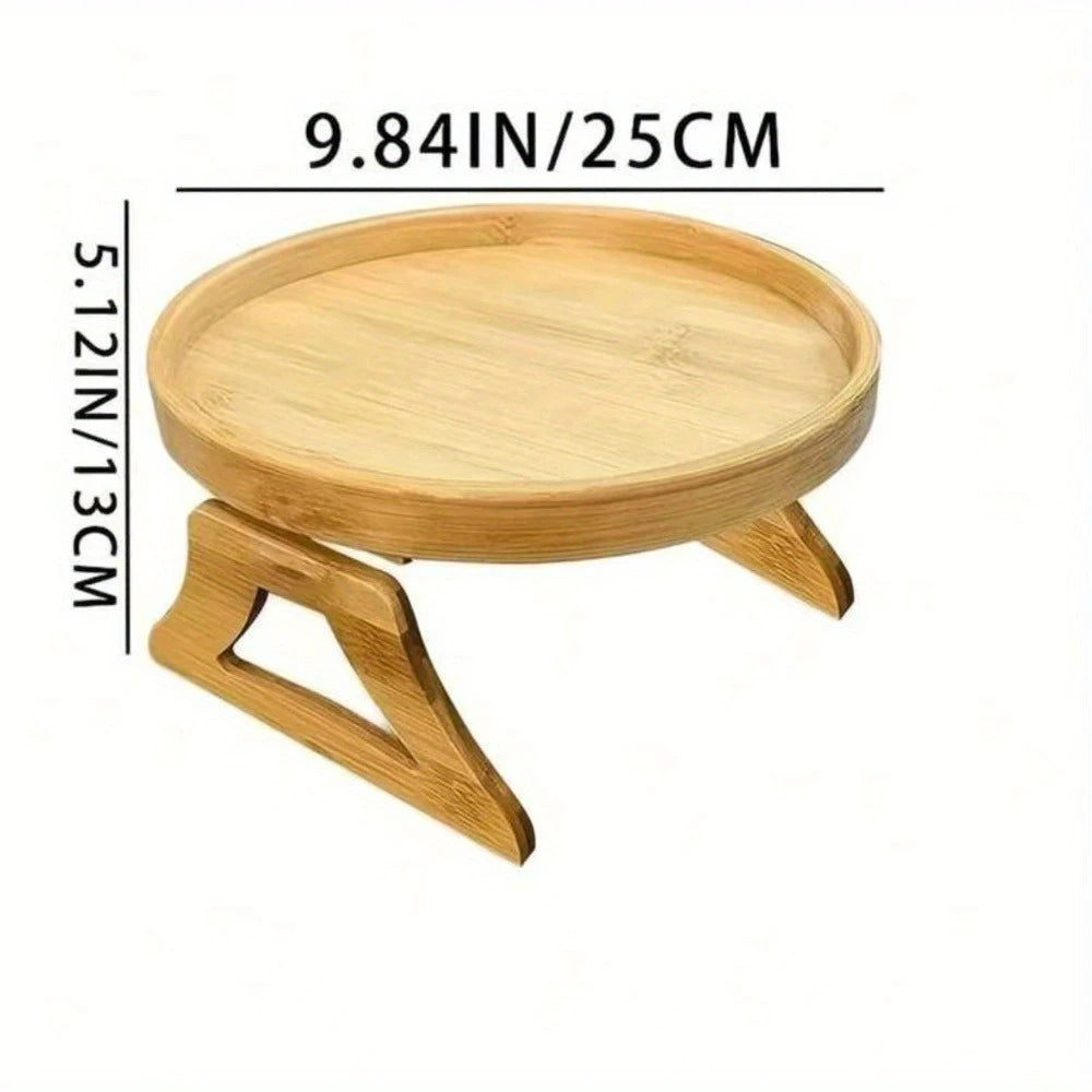 Plateau de canapé en bois naturel – Support accoudoir. Plateau rond bambou 25 cm avec pieds pliables pour canapé et lit