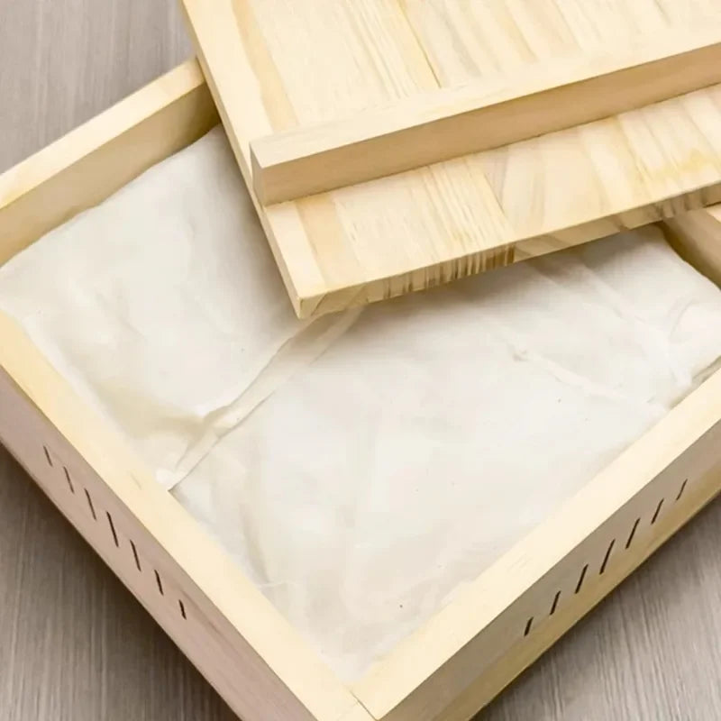Boîte en bois avec Toile Filtre Coton-Polyester – Filtres Cuisine et Pâtisserie, tissu blanc pour égoutter fromages