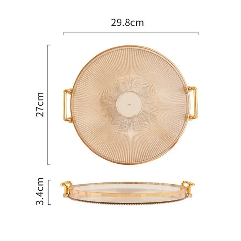 Plateau Rond Acrylique avec Poignées Dorées – Déco & Service. Plateau 29.8 cm x 3.4 cm motif rayonné, poignées dorées pour service