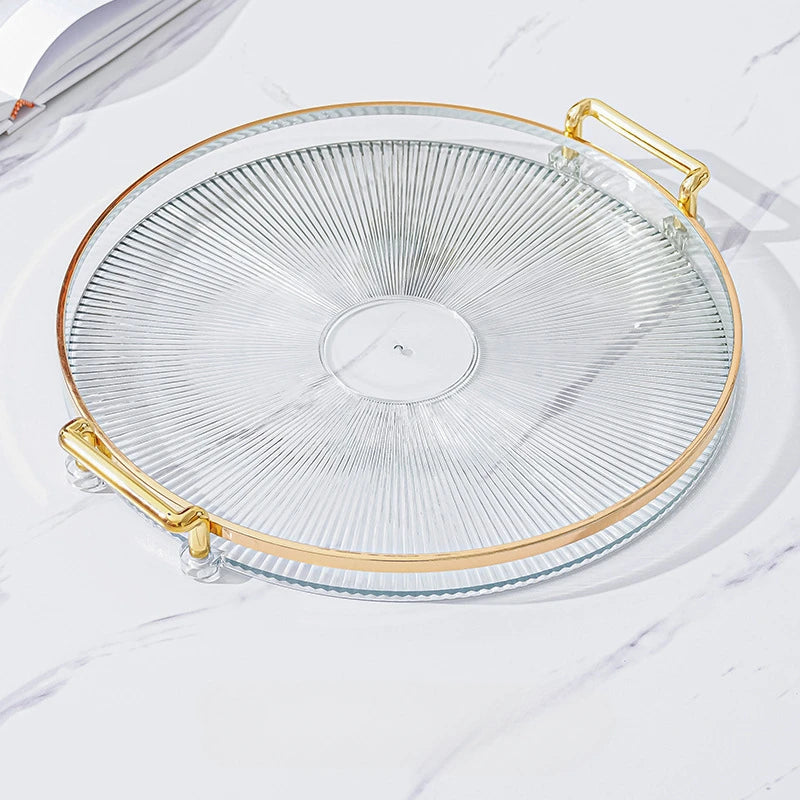 Plateau Rond Acrylique avec Poignées Dorées – Déco & Service. Plateau rond transparent en acrylique avec anses dorées pour servir