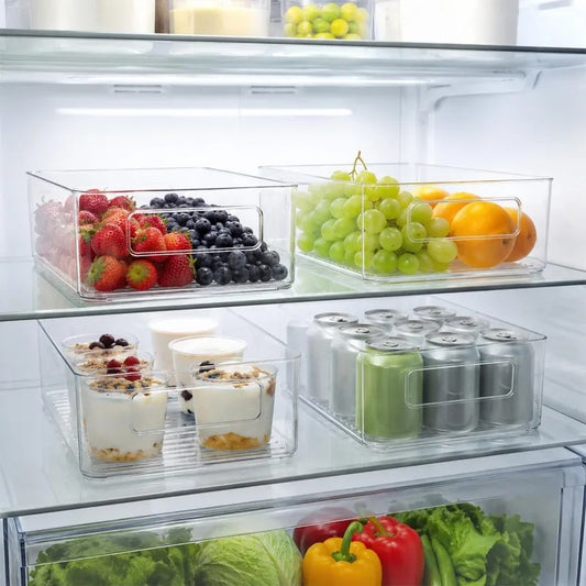 Bacs de Rangement Frigo Transparente – Lot de 2 ou 3 avec fruits et produits laitiers pour un réfrigérateur bien organisé