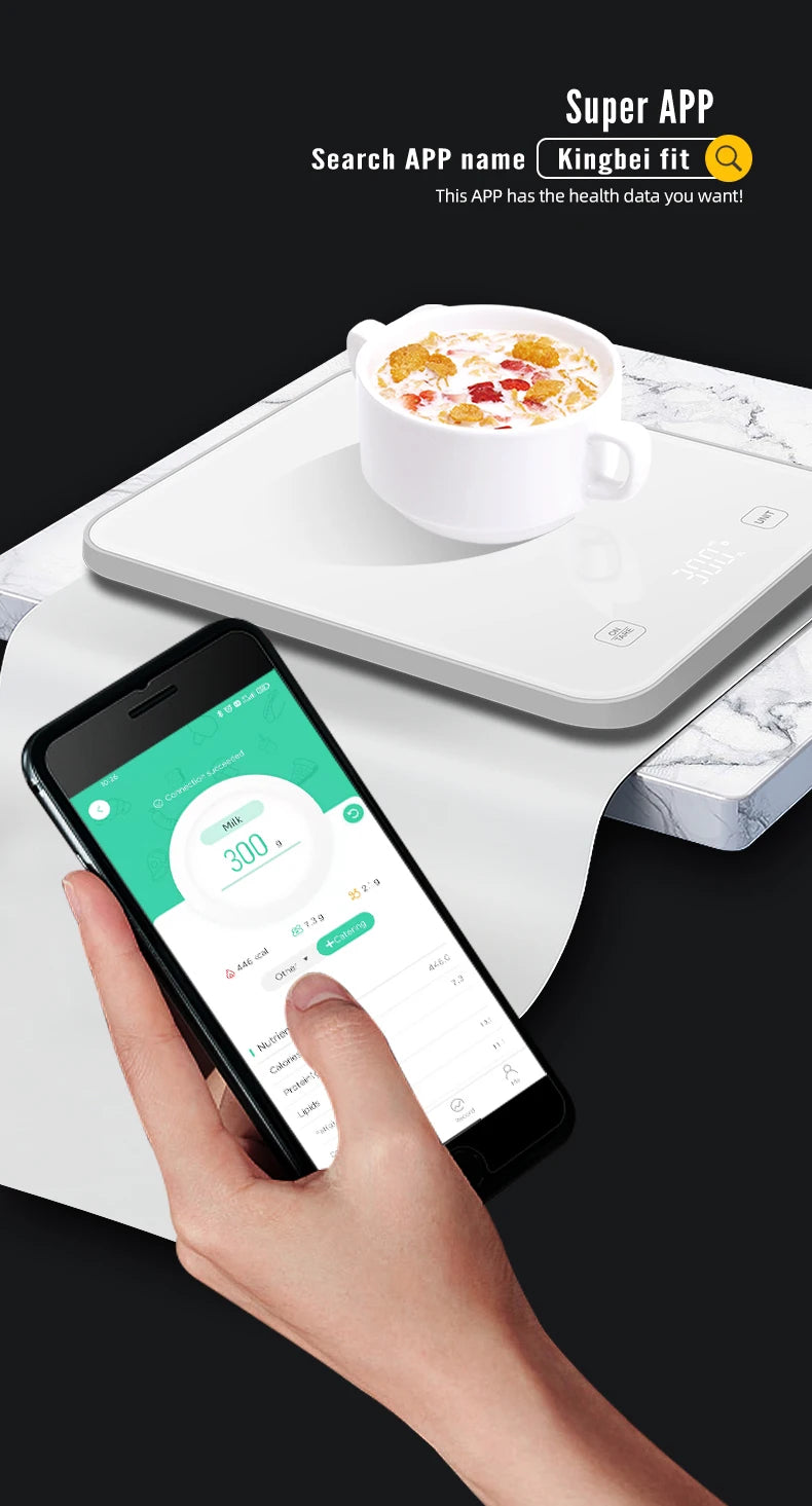 Balance de cuisine connectée Bluetooth blanche avec application mobile affichant le poids en grammes
