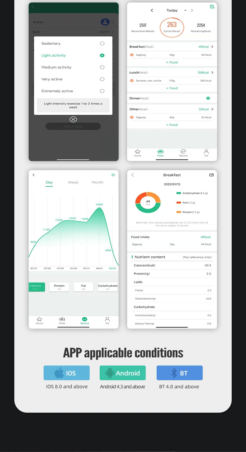 Interface de l'application mobile pour balance de cuisine connectée Bluetooth montrant suivi d'activité et analyse nutritionnelle