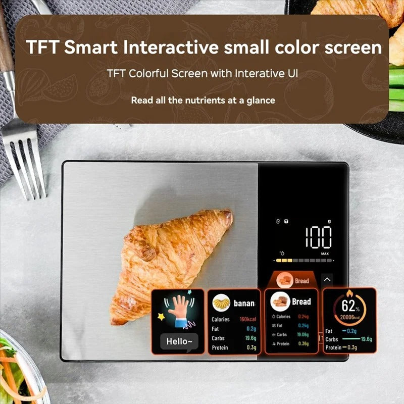Balance de Cuisine Connectée Nutritionnelle Inox 5 kg avec écran TFT interactif affichant les nutriments